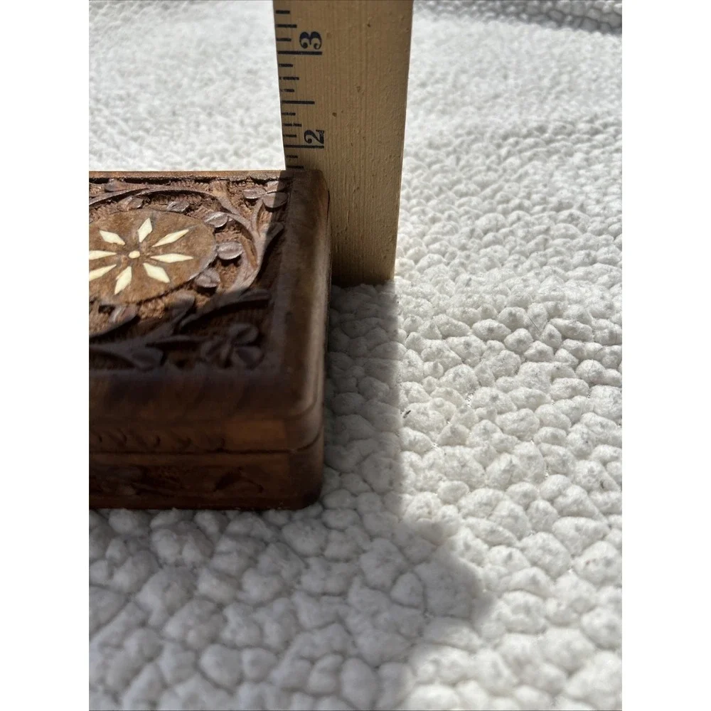 Vintage Hand Carved Wood Trinket Box Set Floral Inlay Made in India 2pc
